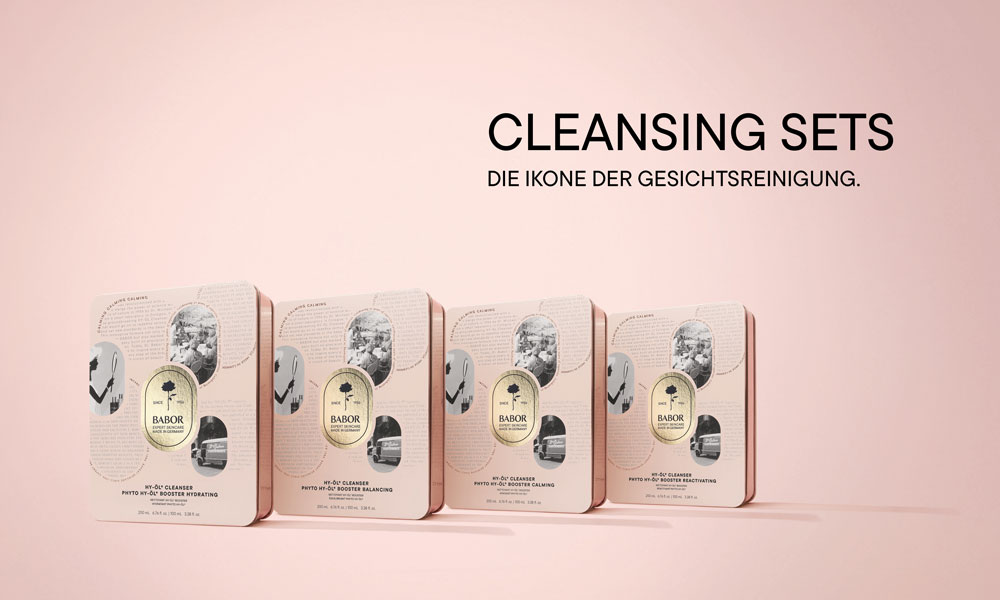 BABOR Cleansing Sets - die Ikone der Gesichtsreinigung - alle Produktdosen hintereinander gereiht